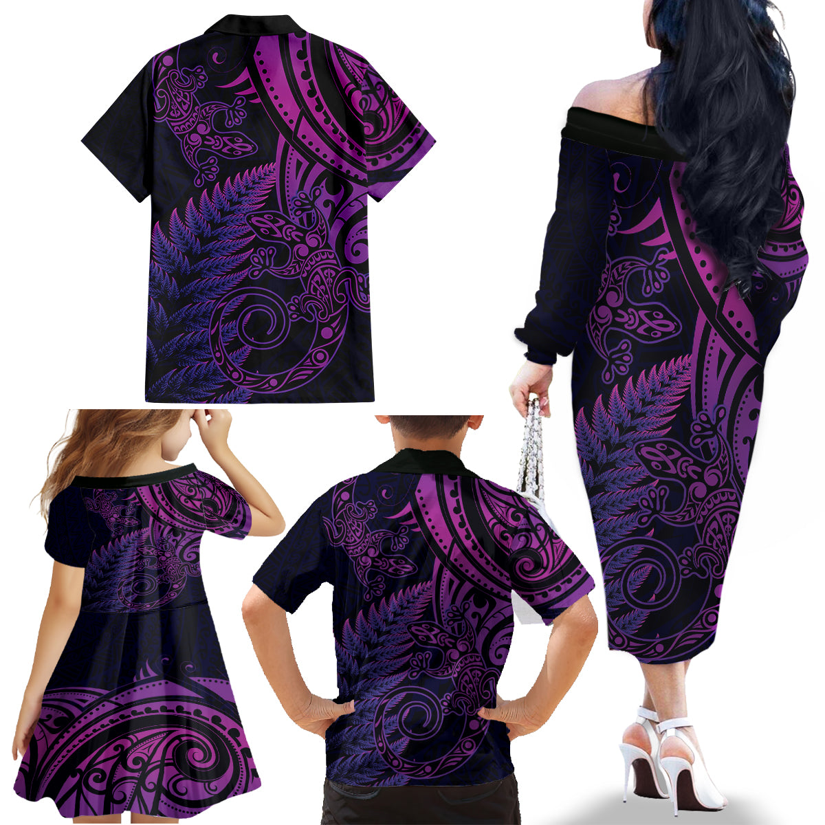 New Zealand Lizard Family Matching Off The Shoulder Long Sleeve Dress and Hawaiian Shirt Silver Fern Aotearoa Maori Purple Version LT14 - Polynesian Pride