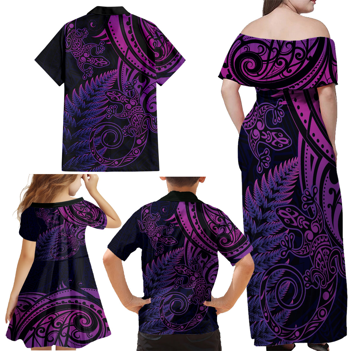 New Zealand Lizard Family Matching Off Shoulder Maxi Dress and Hawaiian Shirt Silver Fern Aotearoa Maori Purple Version LT14 - Polynesian Pride