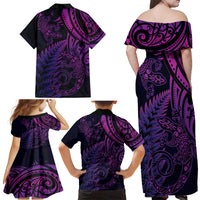 New Zealand Lizard Family Matching Off Shoulder Maxi Dress and Hawaiian Shirt Silver Fern Aotearoa Maori Purple Version LT14 - Polynesian Pride