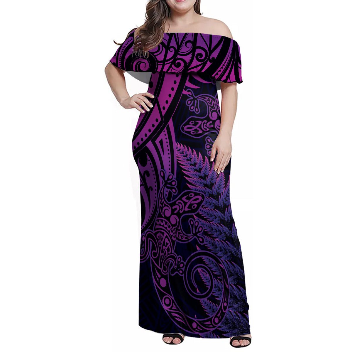 New Zealand Lizard Family Matching Off Shoulder Maxi Dress and Hawaiian Shirt Silver Fern Aotearoa Maori Purple Version LT14 Mom's Dress Purple - Polynesian Pride