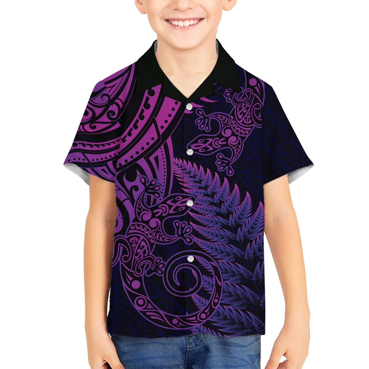 New Zealand Lizard Family Matching Off Shoulder Short Dress and Hawaiian Shirt Silver Fern Aotearoa Maori Purple Version LT14 Son's Shirt Purple - Polynesian Pride