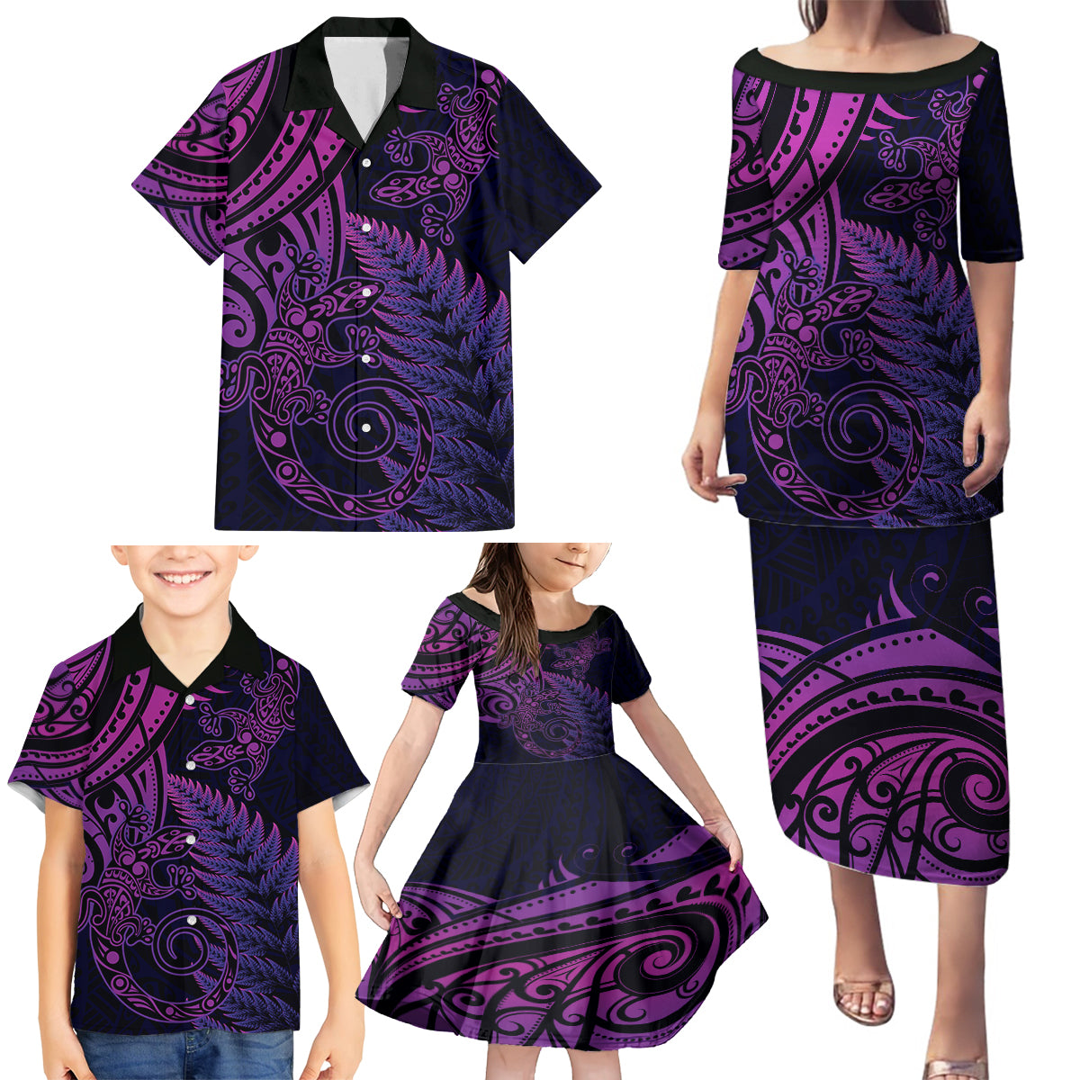 New Zealand Lizard Family Matching Puletasi and Hawaiian Shirt Silver Fern Aotearoa Maori Purple Version LT14 - Polynesian Pride