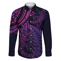 New Zealand Lizard Family Matching Puletasi and Hawaiian Shirt Silver Fern Aotearoa Maori Purple Version LT14 Dad's Shirt - Long Sleeve Purple - Polynesian Pride