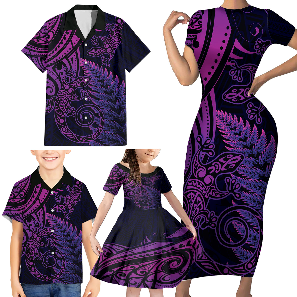 New Zealand Lizard Family Matching Short Sleeve Bodycon Dress and Hawaiian Shirt Silver Fern Aotearoa Maori Purple Version LT14 - Polynesian Pride