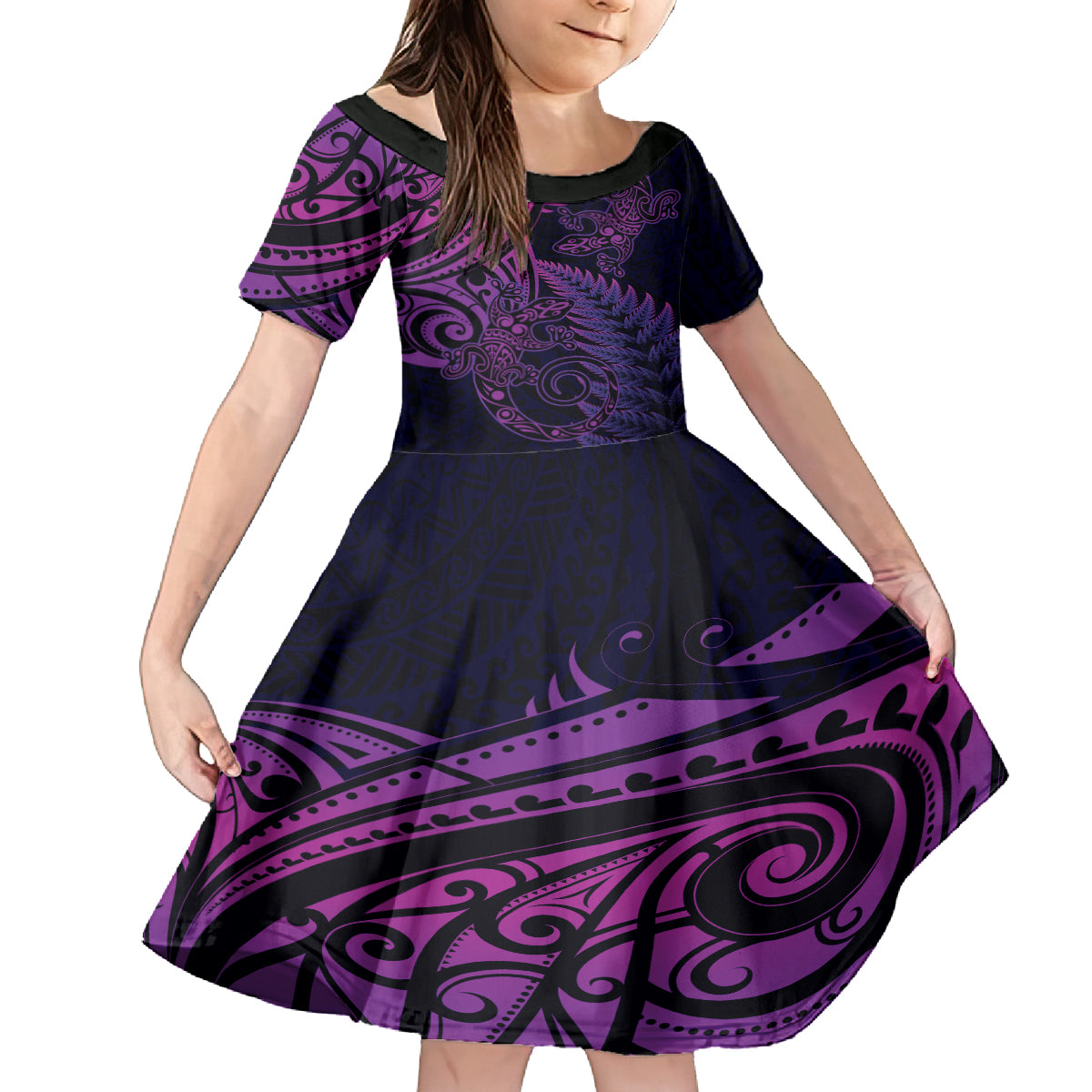 New Zealand Lizard Family Matching Summer Maxi Dress and Hawaiian Shirt Silver Fern Aotearoa Maori Purple Version LT14 Daughter's Dress Purple - Polynesian Pride