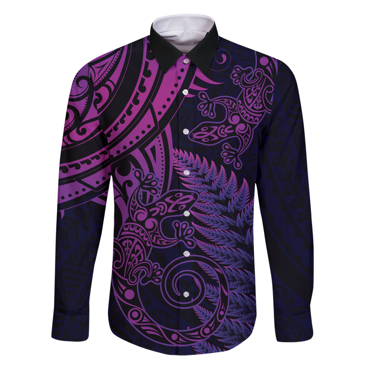New Zealand Lizard Family Matching Summer Maxi Dress and Hawaiian Shirt Silver Fern Aotearoa Maori Purple Version LT14 Dad's Shirt - Long Sleeve Purple - Polynesian Pride