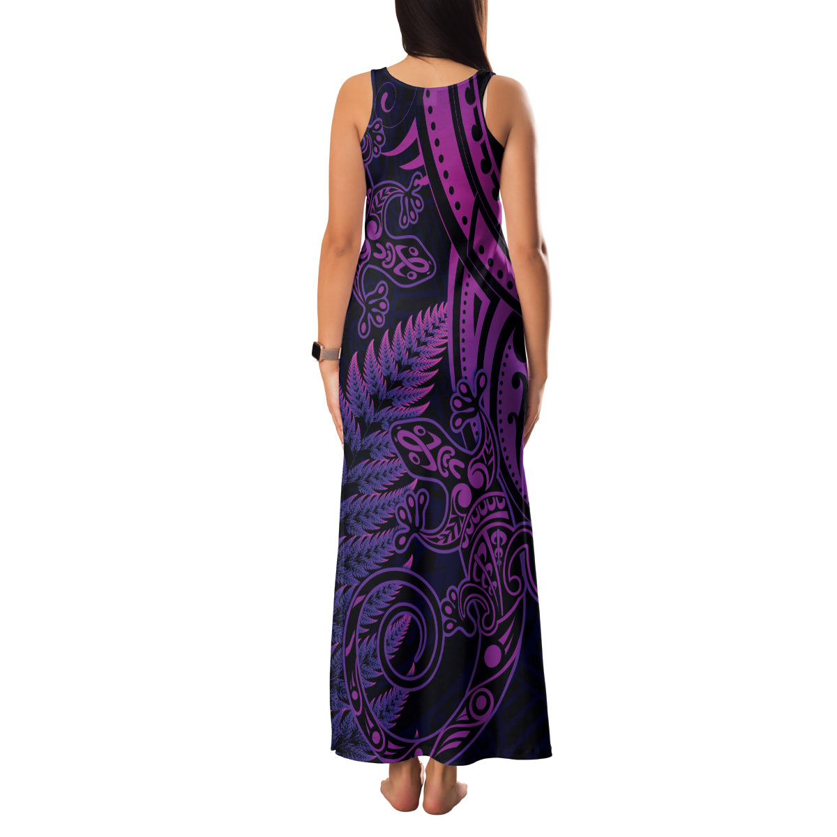 New Zealand Lizard Family Matching Tank Maxi Dress and Hawaiian Shirt Silver Fern Aotearoa Maori Purple Version LT14 - Polynesian Pride
