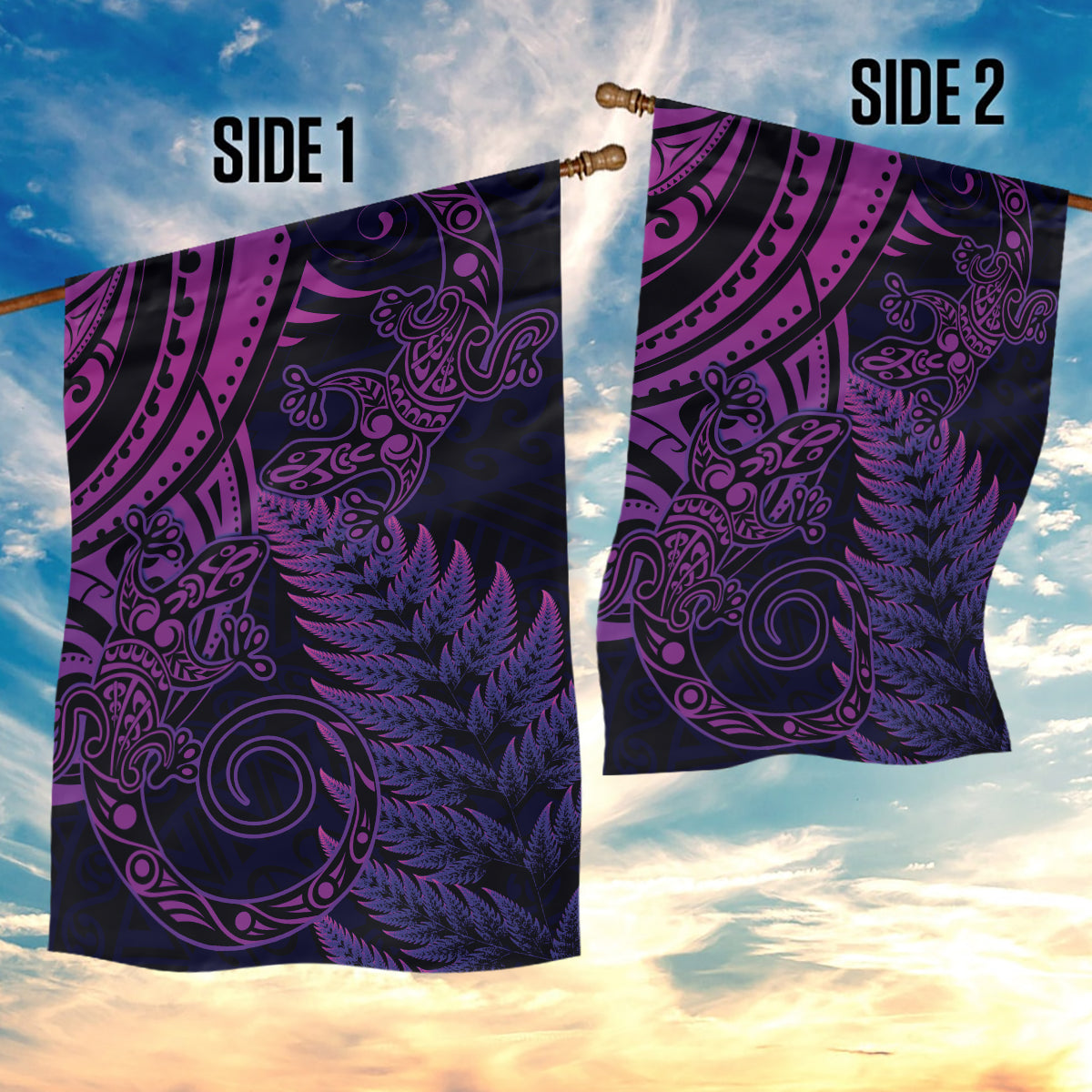 New Zealand Lizard Garden Flag Silver Fern Aotearoa Maori Purple Version