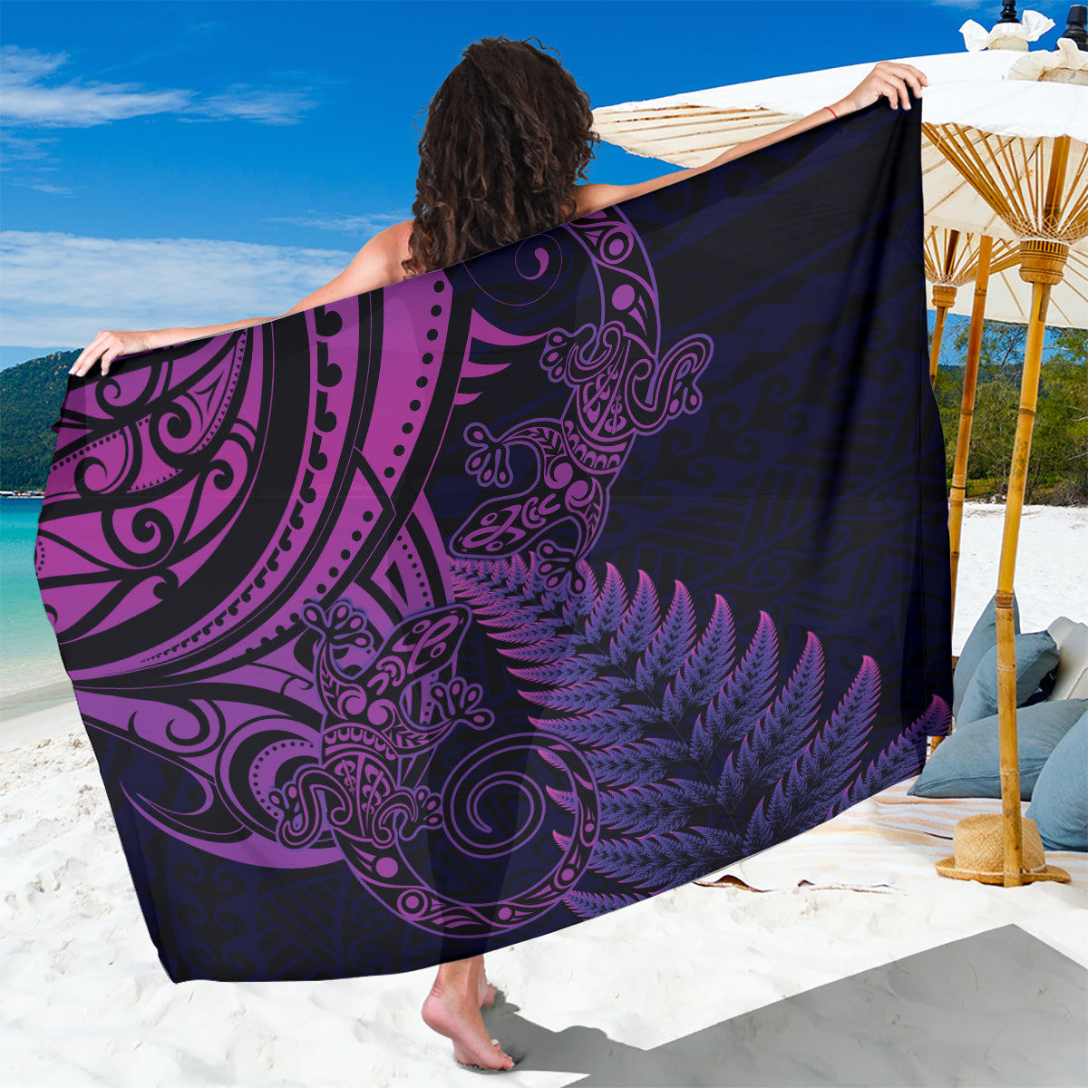 New Zealand Lizard Sarong Silver Fern Aotearoa Maori Purple Version LT14 One Size 44 x 66 inches Purple - Polynesian Pride