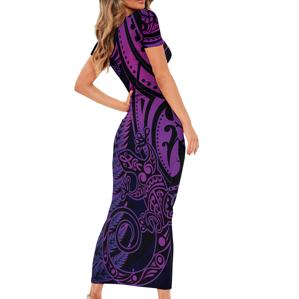 New Zealand Lizard Short Sleeve Bodycon Dress Silver Fern Aotearoa Maori Purple Version