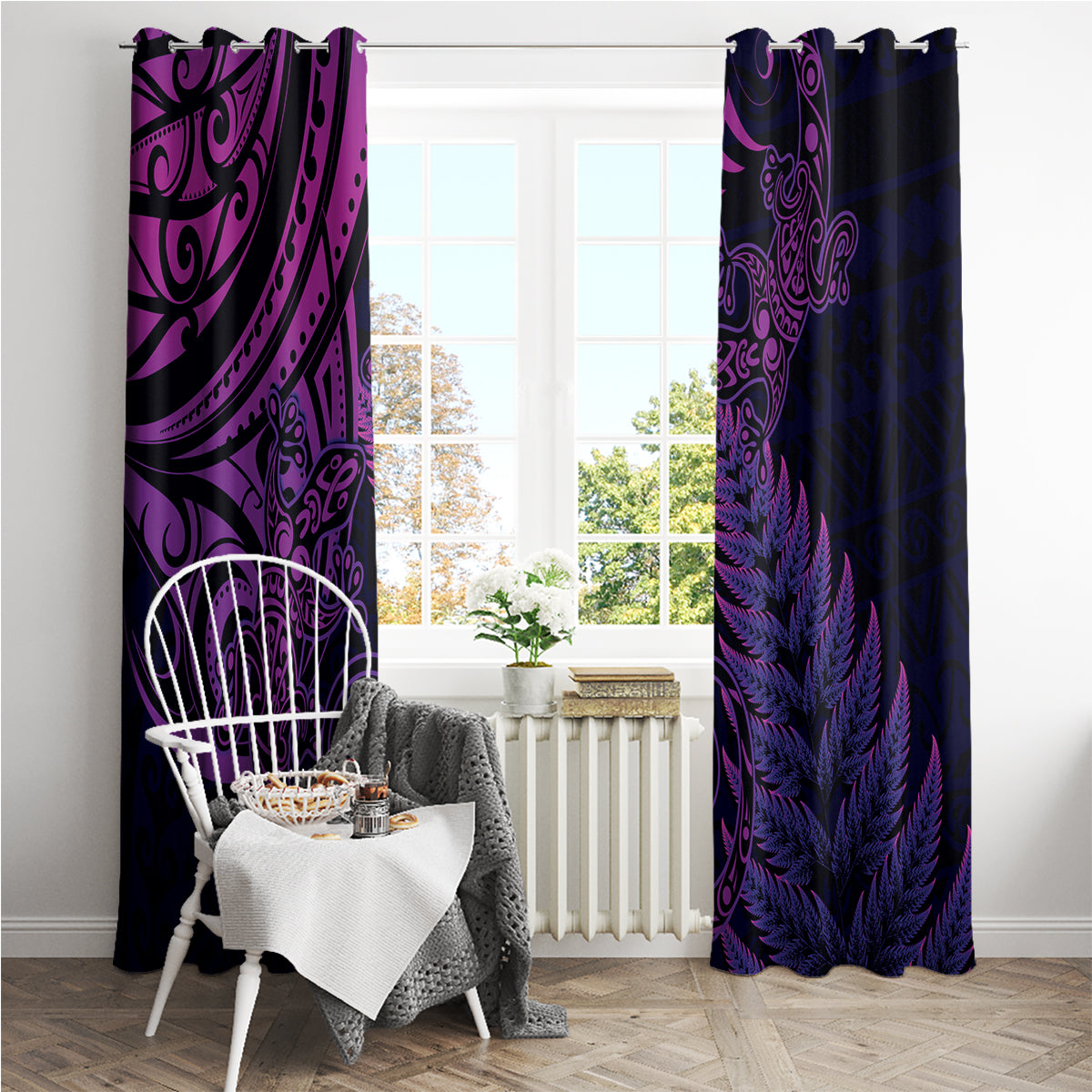 New Zealand Lizard Window Curtain Silver Fern Aotearoa Maori Purple Version LT14 - Polynesian Pride