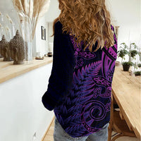 New Zealand Lizard Women Casual Shirt Silver Fern Aotearoa Maori Purple Version