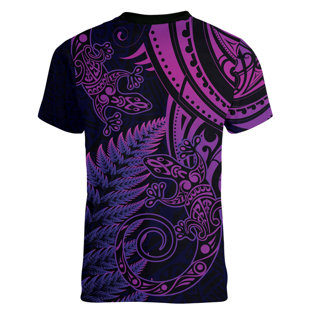 New Zealand Lizard Women V Neck T Shirt Silver Fern Aotearoa Maori Purple Version
