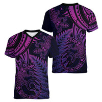 New Zealand Lizard Women V Neck T Shirt Silver Fern Aotearoa Maori Purple Version