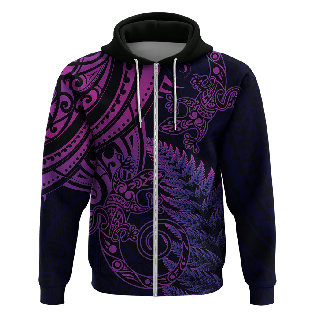 New Zealand Lizard Zip Hoodie Silver Fern Aotearoa Maori Purple Version