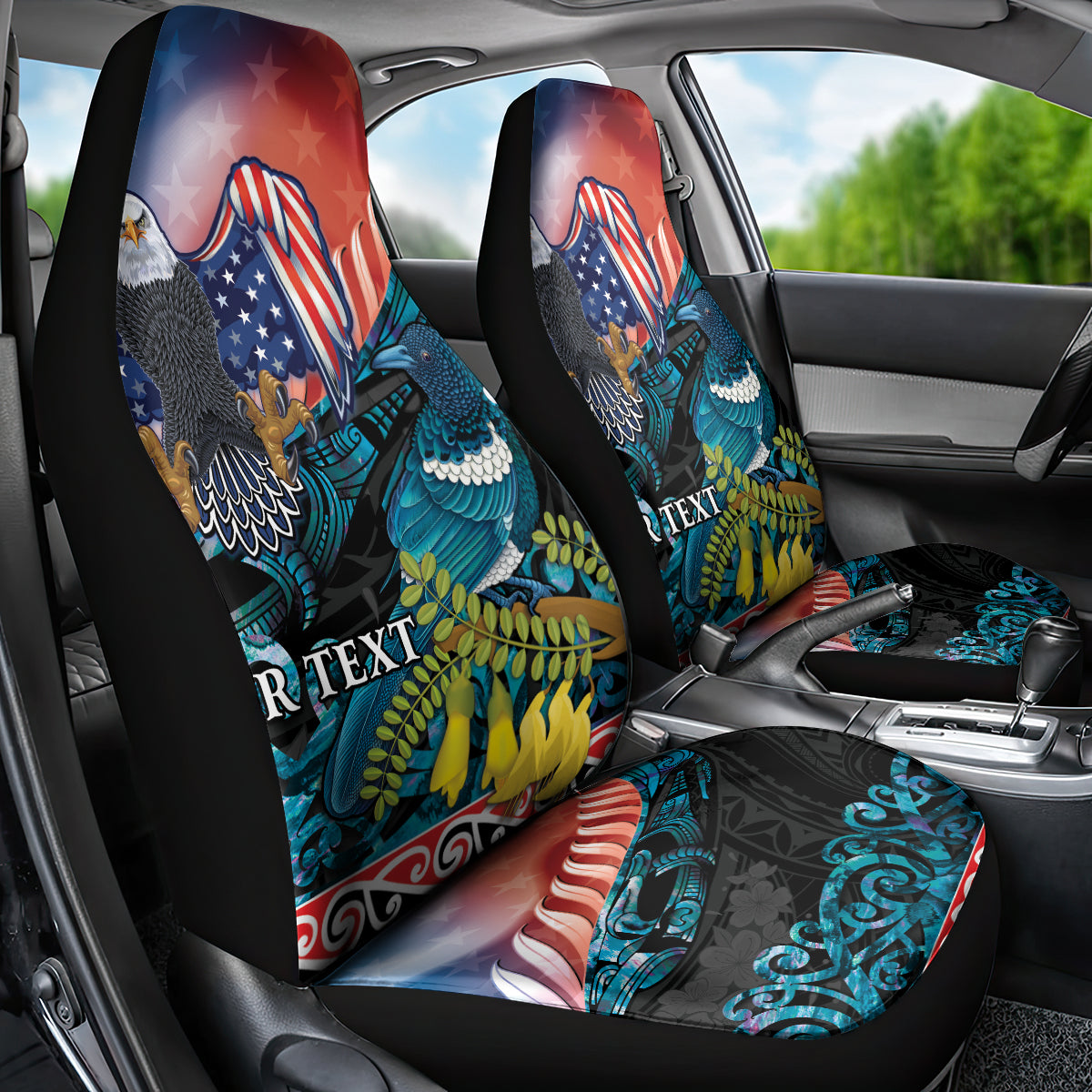 Personalised United States And New Zealand Car Seat Cover USA Eagle With Kowhai Aotearoa Tui Bird LT14 - Polynesian Pride