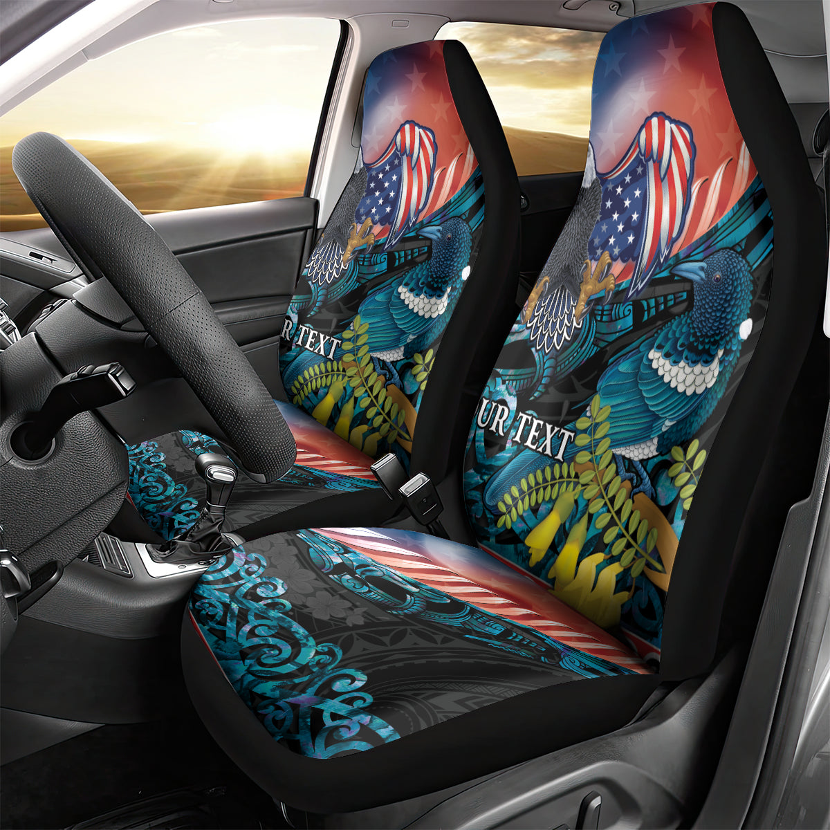 Personalised United States And New Zealand Car Seat Cover USA Eagle With Kowhai Aotearoa Tui Bird LT14 - Polynesian Pride