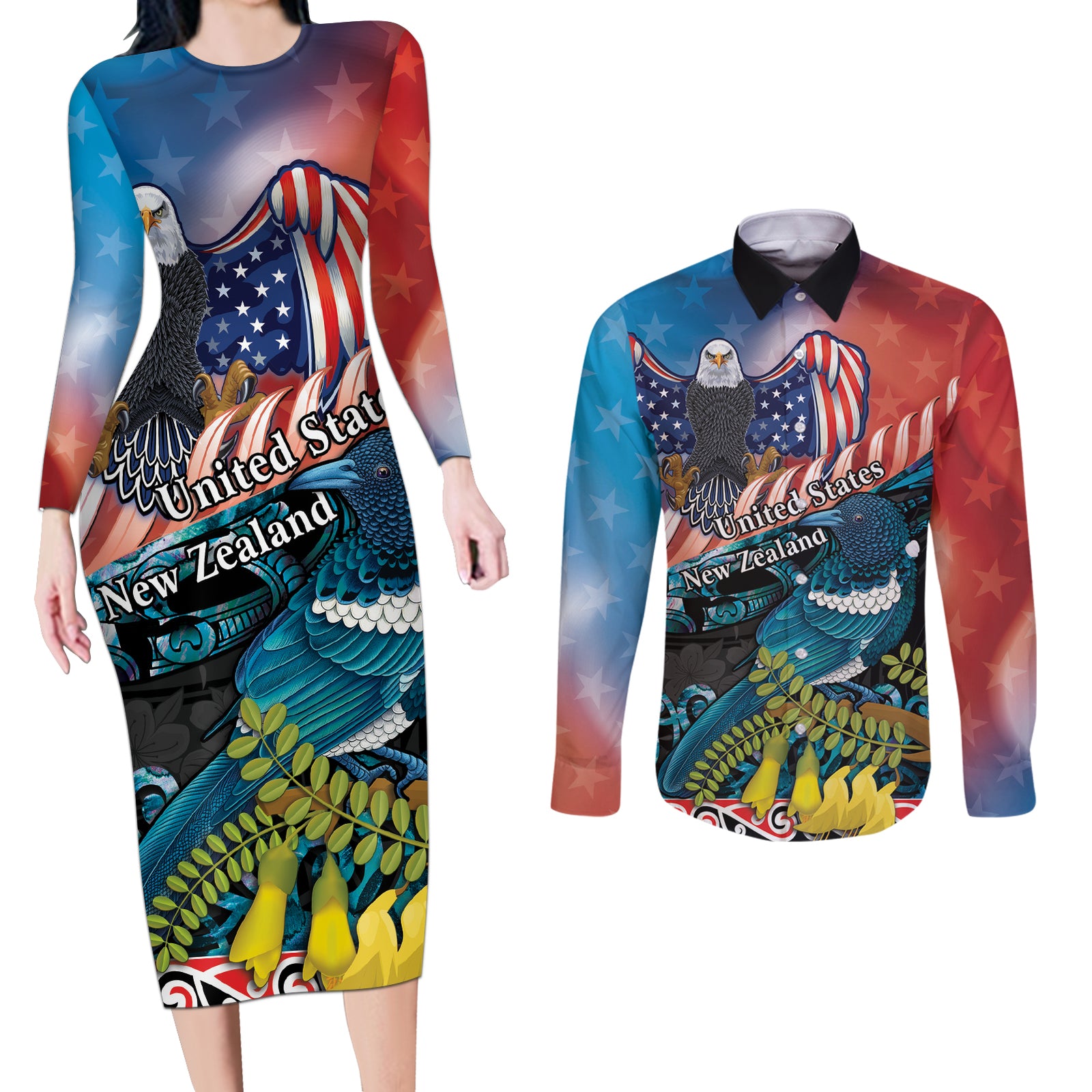 Personalised United States And New Zealand Couples Matching Long Sleeve Bodycon Dress and Long Sleeve Button Shirt USA Eagle With Kowhai Aotearoa Tui Bird