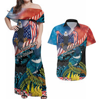 Personalised United States And New Zealand Couples Matching Off Shoulder Maxi Dress and Hawaiian Shirt USA Eagle With Kowhai Aotearoa Tui Bird LT14 Blue - Polynesian Pride