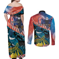 Personalised United States And New Zealand Couples Matching Off Shoulder Maxi Dress and Long Sleeve Button Shirt USA Eagle With Kowhai Aotearoa Tui Bird LT14 - Polynesian Pride
