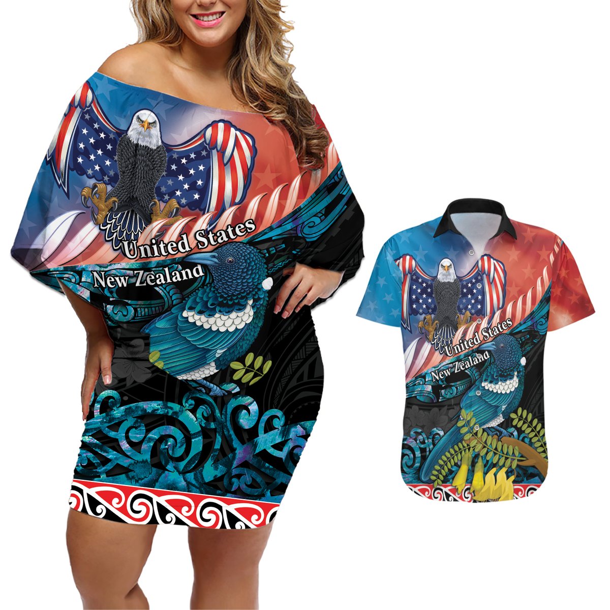 Personalised United States And New Zealand Couples Matching Off Shoulder Short Dress and Hawaiian Shirt USA Eagle With Kowhai Aotearoa Tui Bird