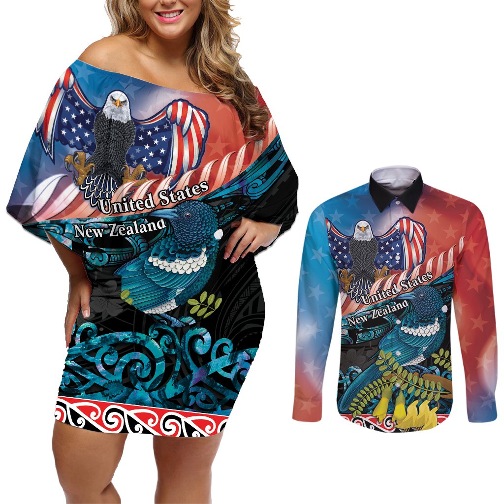 Personalised United States And New Zealand Couples Matching Off Shoulder Short Dress and Long Sleeve Button Shirt USA Eagle With Kowhai Aotearoa Tui Bird LT14 Blue - Polynesian Pride