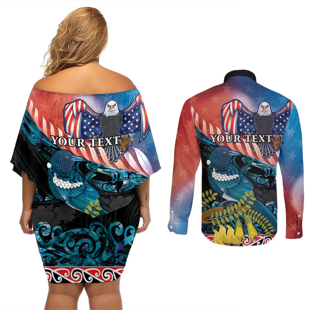 Personalised United States And New Zealand Couples Matching Off Shoulder Short Dress and Long Sleeve Button Shirt USA Eagle With Kowhai Aotearoa Tui Bird LT14 - Polynesian Pride