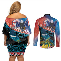 Personalised United States And New Zealand Couples Matching Off Shoulder Short Dress and Long Sleeve Button Shirt USA Eagle With Kowhai Aotearoa Tui Bird LT14 - Polynesian Pride