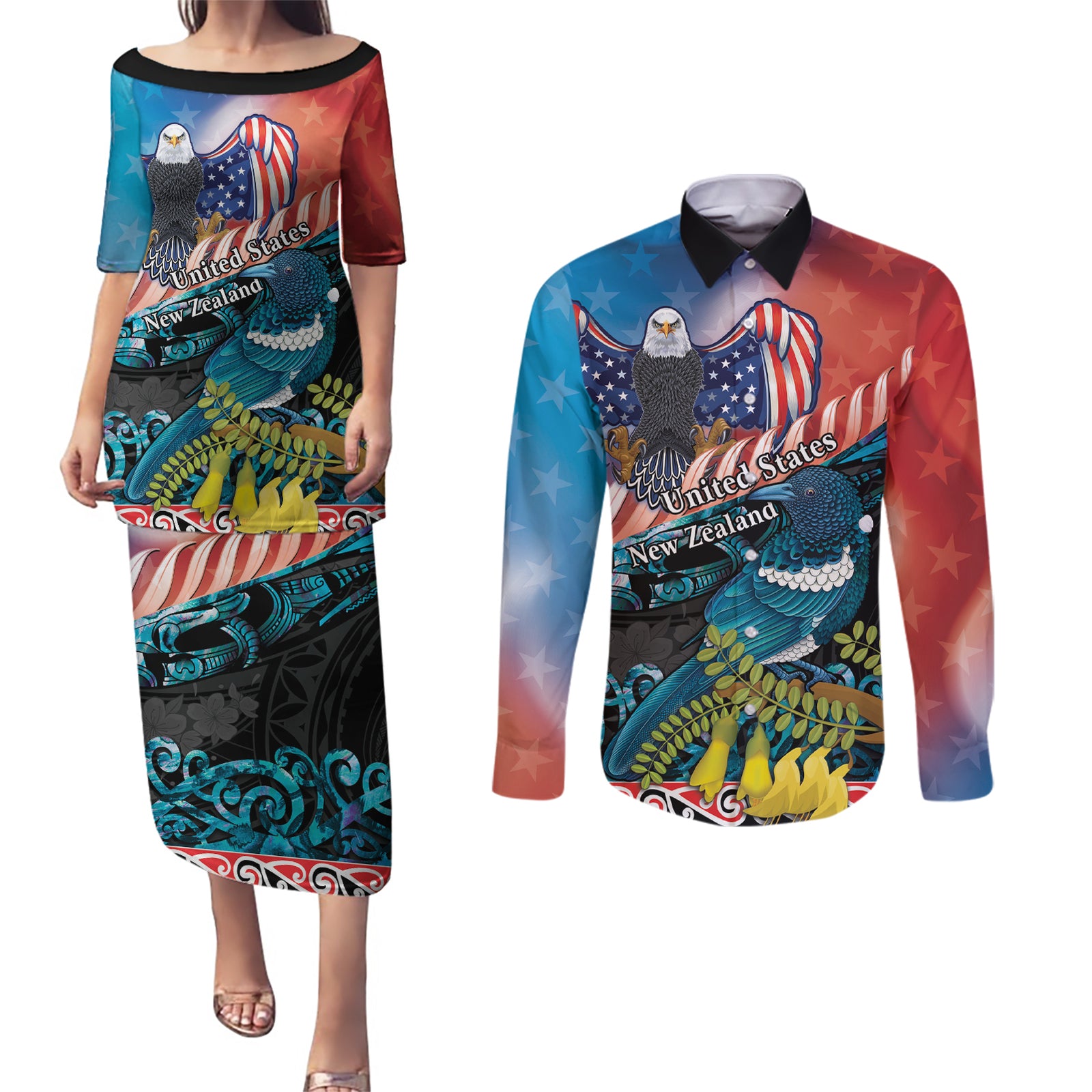 Personalised United States And New Zealand Couples Matching Puletasi and Long Sleeve Button Shirt USA Eagle With Kowhai Aotearoa Tui Bird