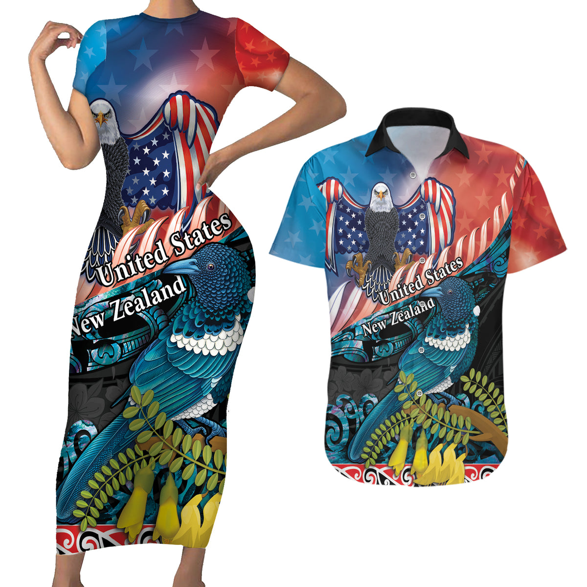 Personalised United States And New Zealand Couples Matching Short Sleeve Bodycon Dress and Hawaiian Shirt USA Eagle With Kowhai Aotearoa Tui Bird LT14 Blue - Polynesian Pride