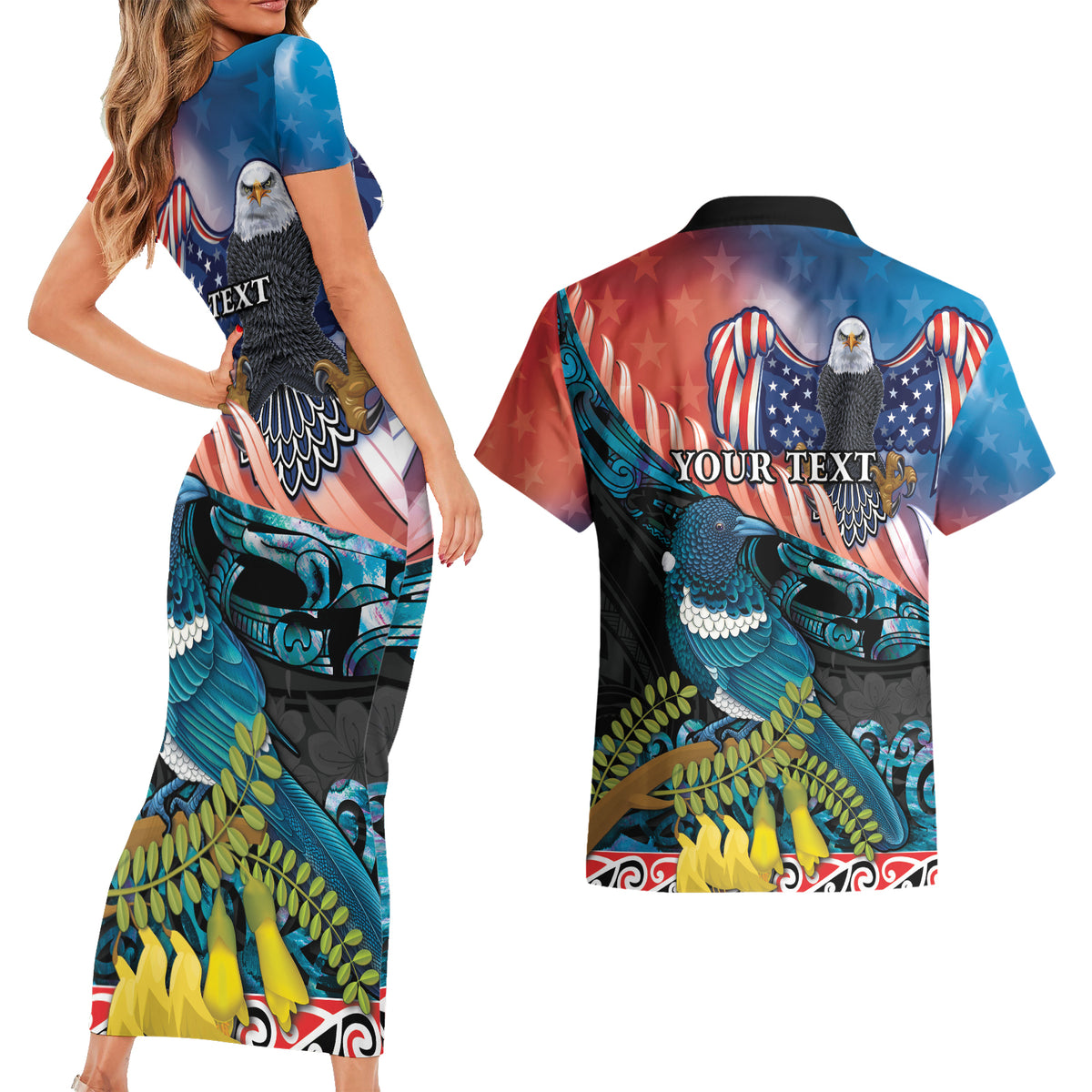 Personalised United States And New Zealand Couples Matching Short Sleeve Bodycon Dress and Hawaiian Shirt USA Eagle With Kowhai Aotearoa Tui Bird LT14 - Polynesian Pride