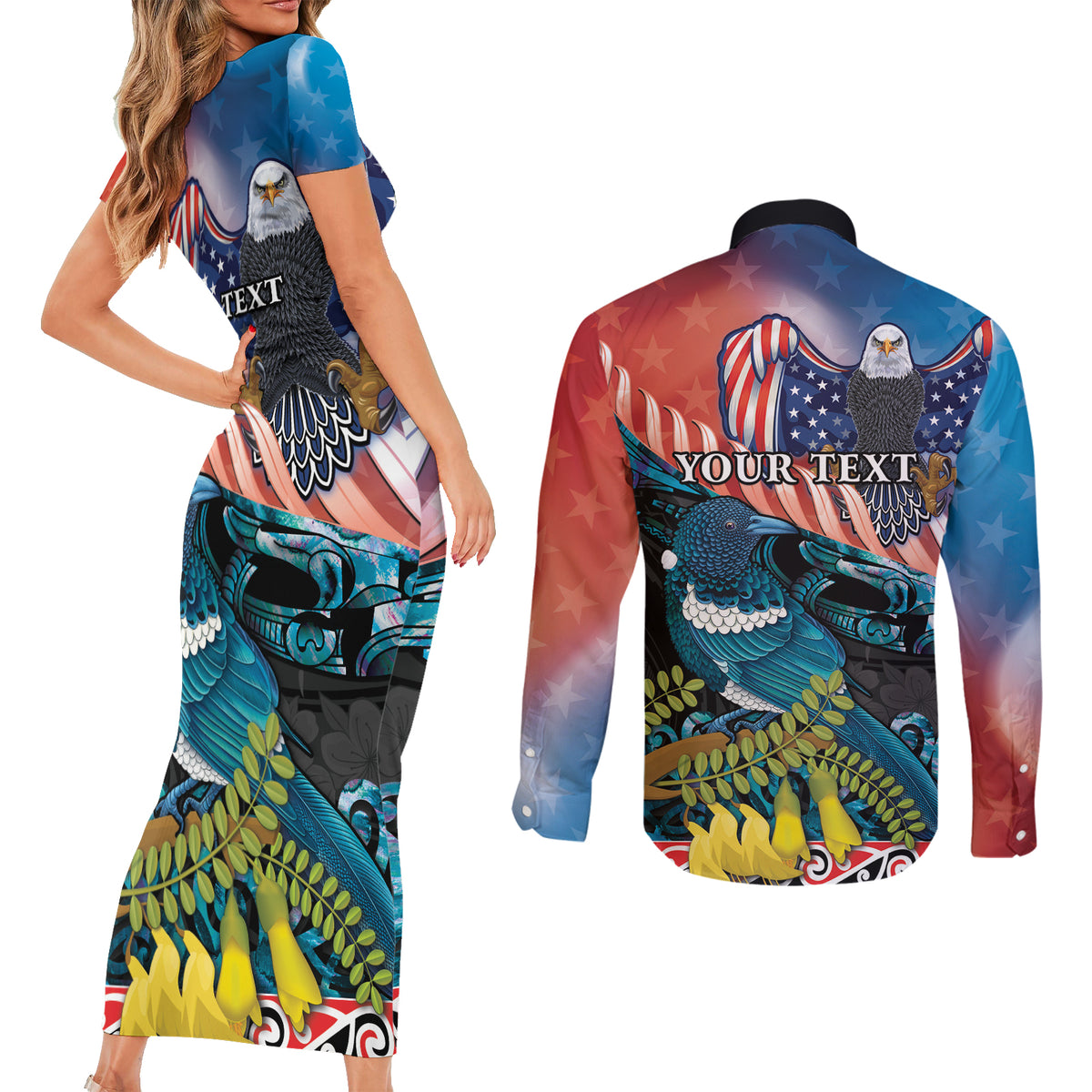 Personalised United States And New Zealand Couples Matching Short Sleeve Bodycon Dress and Long Sleeve Button Shirt USA Eagle With Kowhai Aotearoa Tui Bird LT14 - Polynesian Pride