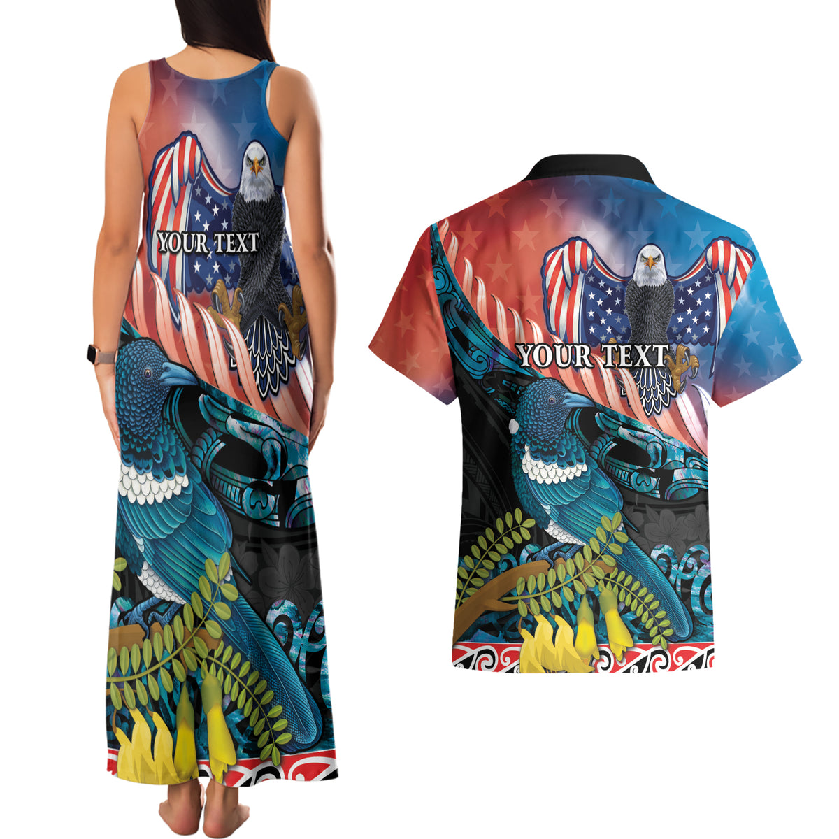 Personalised United States And New Zealand Couples Matching Tank Maxi Dress and Hawaiian Shirt USA Eagle With Kowhai Aotearoa Tui Bird LT14 - Polynesian Pride