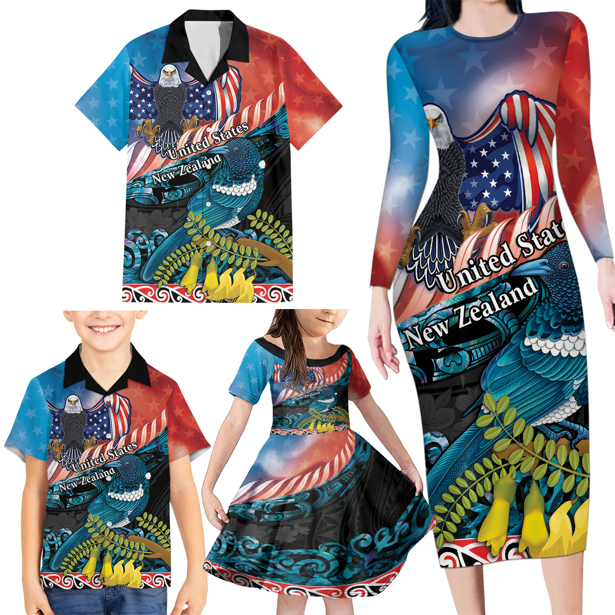 Personalised United States And New Zealand Family Matching Long Sleeve Bodycon Dress and Hawaiian Shirt USA Eagle With Kowhai Aotearoa Tui Bird LT14 - Polynesian Pride