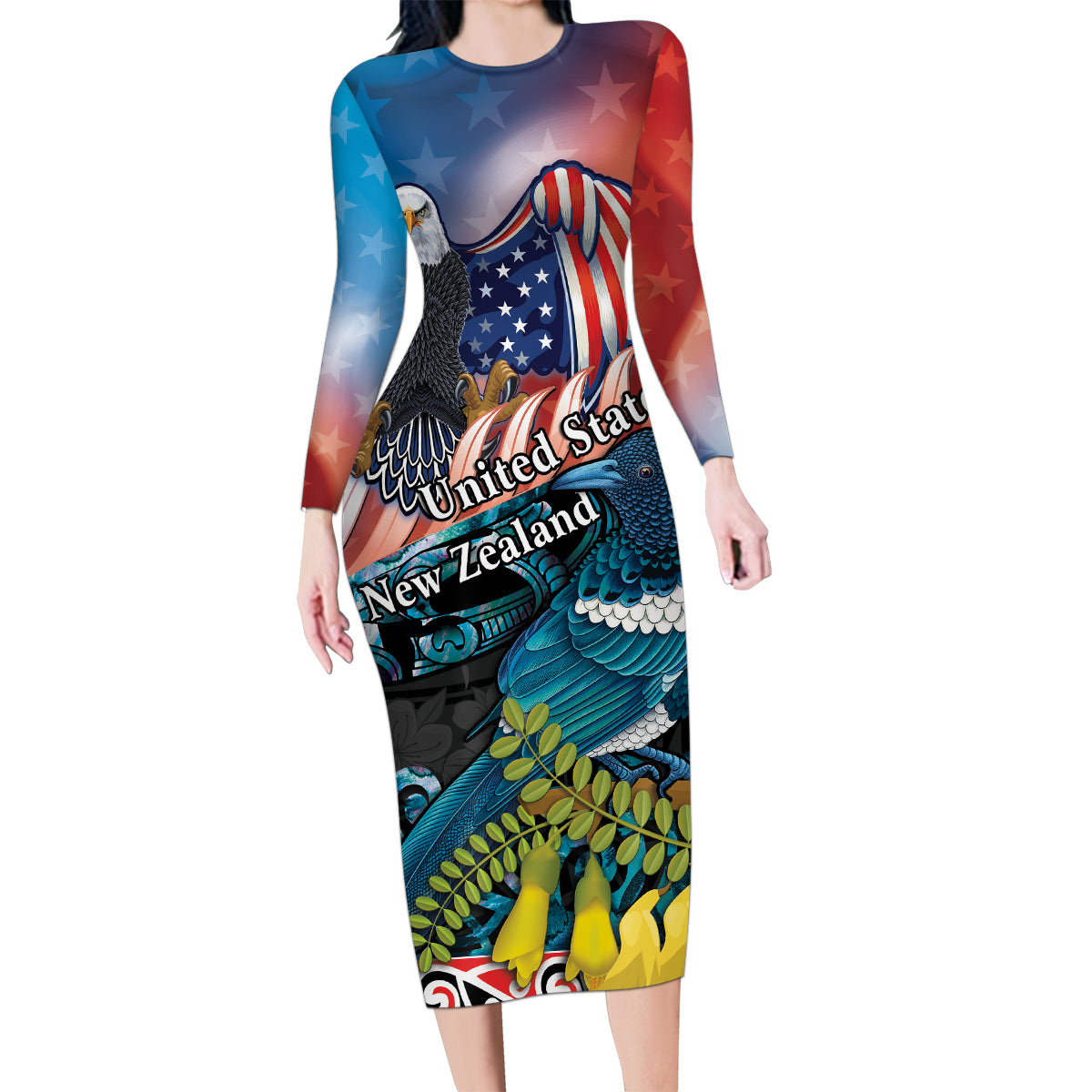 Personalised United States And New Zealand Family Matching Long Sleeve Bodycon Dress and Hawaiian Shirt USA Eagle With Kowhai Aotearoa Tui Bird LT14 Mom's Dress Blue - Polynesian Pride