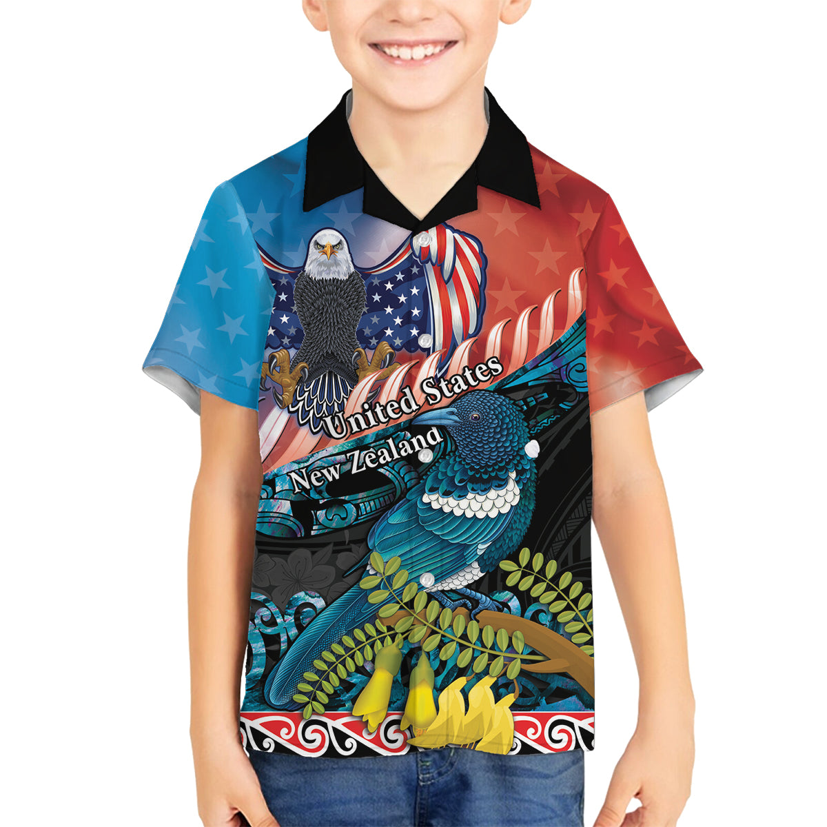 Personalised United States And New Zealand Family Matching Long Sleeve Bodycon Dress and Hawaiian Shirt USA Eagle With Kowhai Aotearoa Tui Bird LT14 Son's Shirt Blue - Polynesian Pride