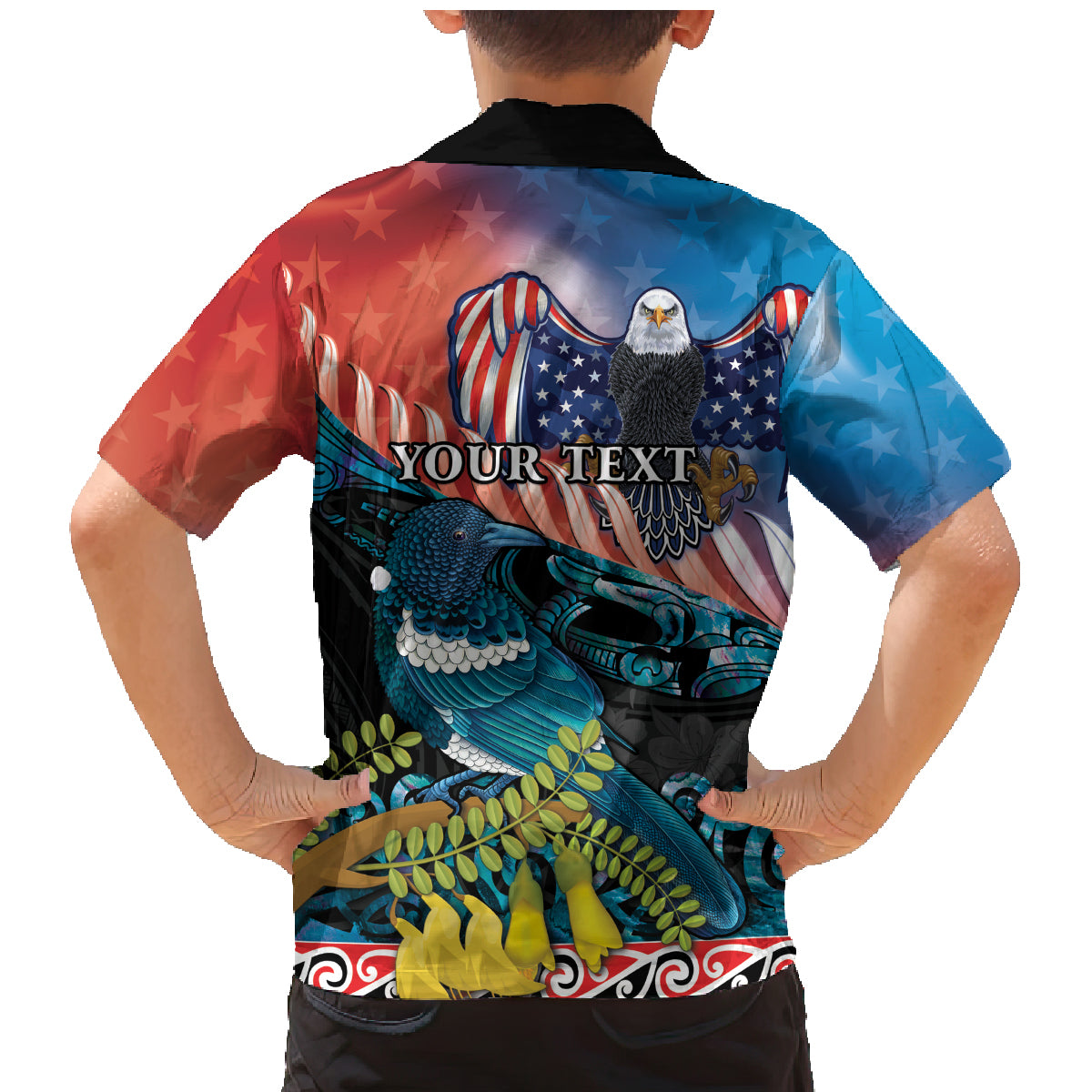 Personalised United States And New Zealand Family Matching Mermaid Dress and Hawaiian Shirt USA Eagle With Kowhai Aotearoa Tui Bird LT14 - Polynesian Pride