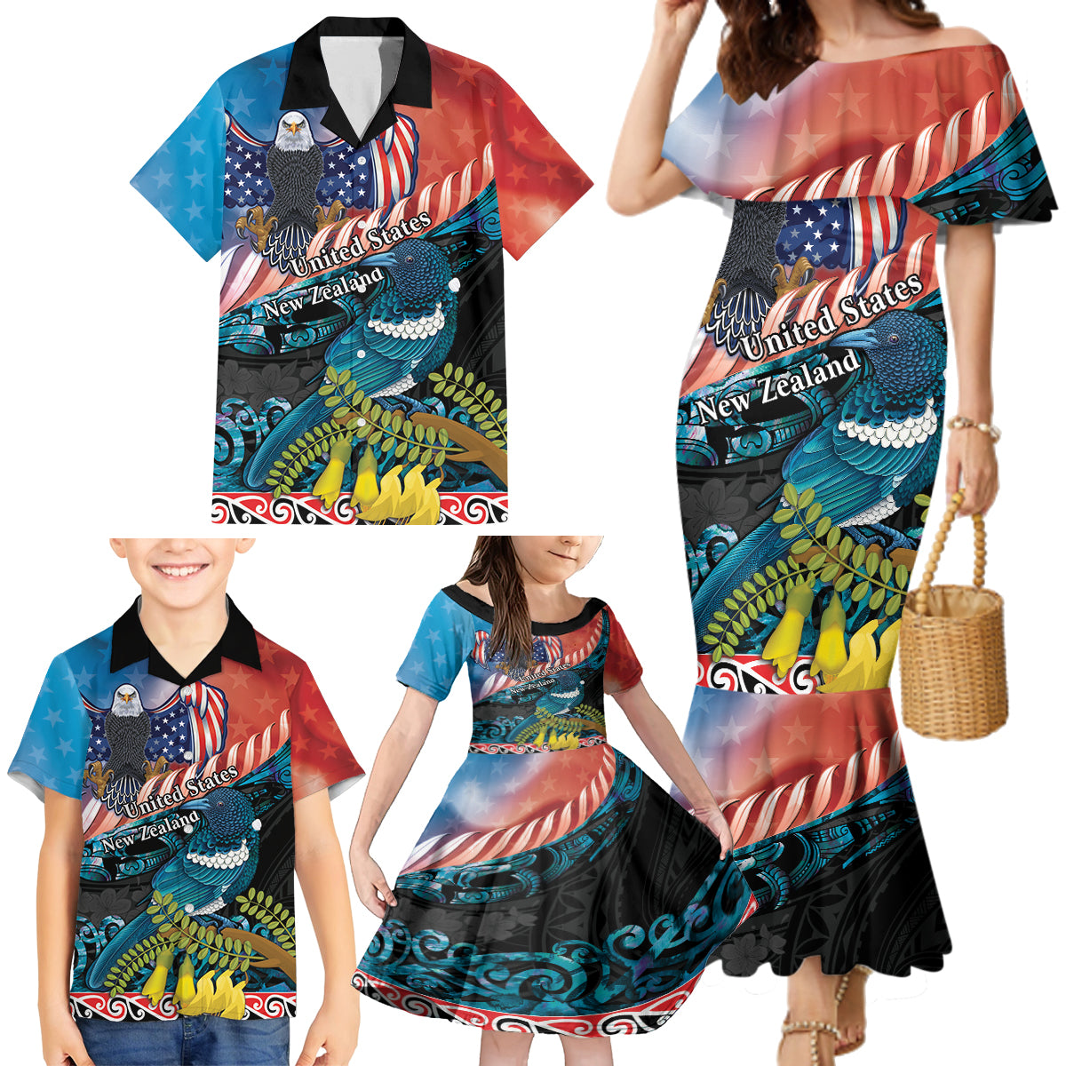 Personalised United States And New Zealand Family Matching Mermaid Dress and Hawaiian Shirt USA Eagle With Kowhai Aotearoa Tui Bird LT14 - Polynesian Pride