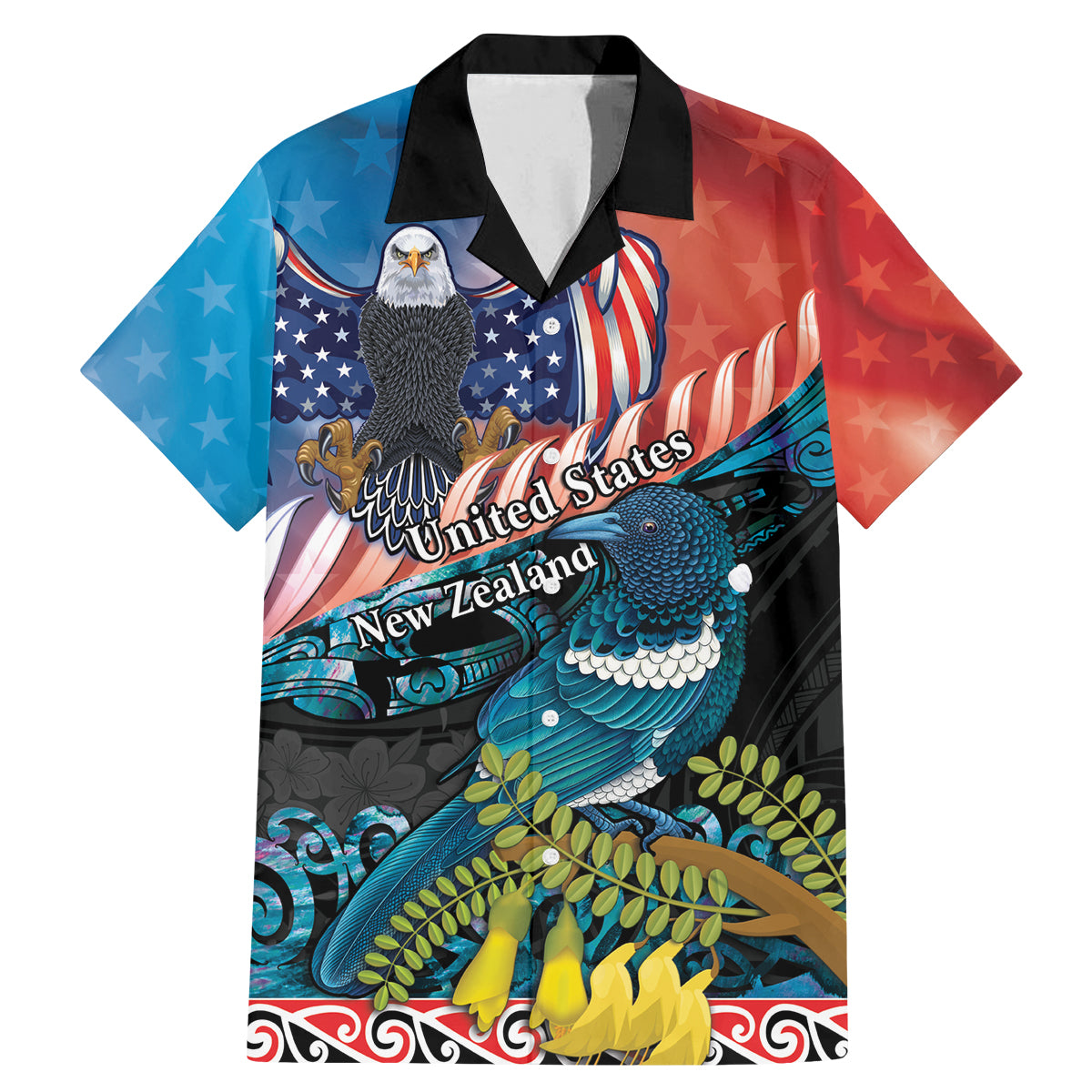 Personalised United States And New Zealand Family Matching Mermaid Dress and Hawaiian Shirt USA Eagle With Kowhai Aotearoa Tui Bird LT14 Dad's Shirt - Short Sleeve Blue - Polynesian Pride