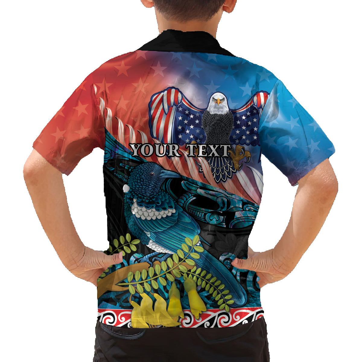 Personalised United States And New Zealand Family Matching Off The Shoulder Long Sleeve Dress and Hawaiian Shirt USA Eagle With Kowhai Aotearoa Tui Bird LT14 - Polynesian Pride