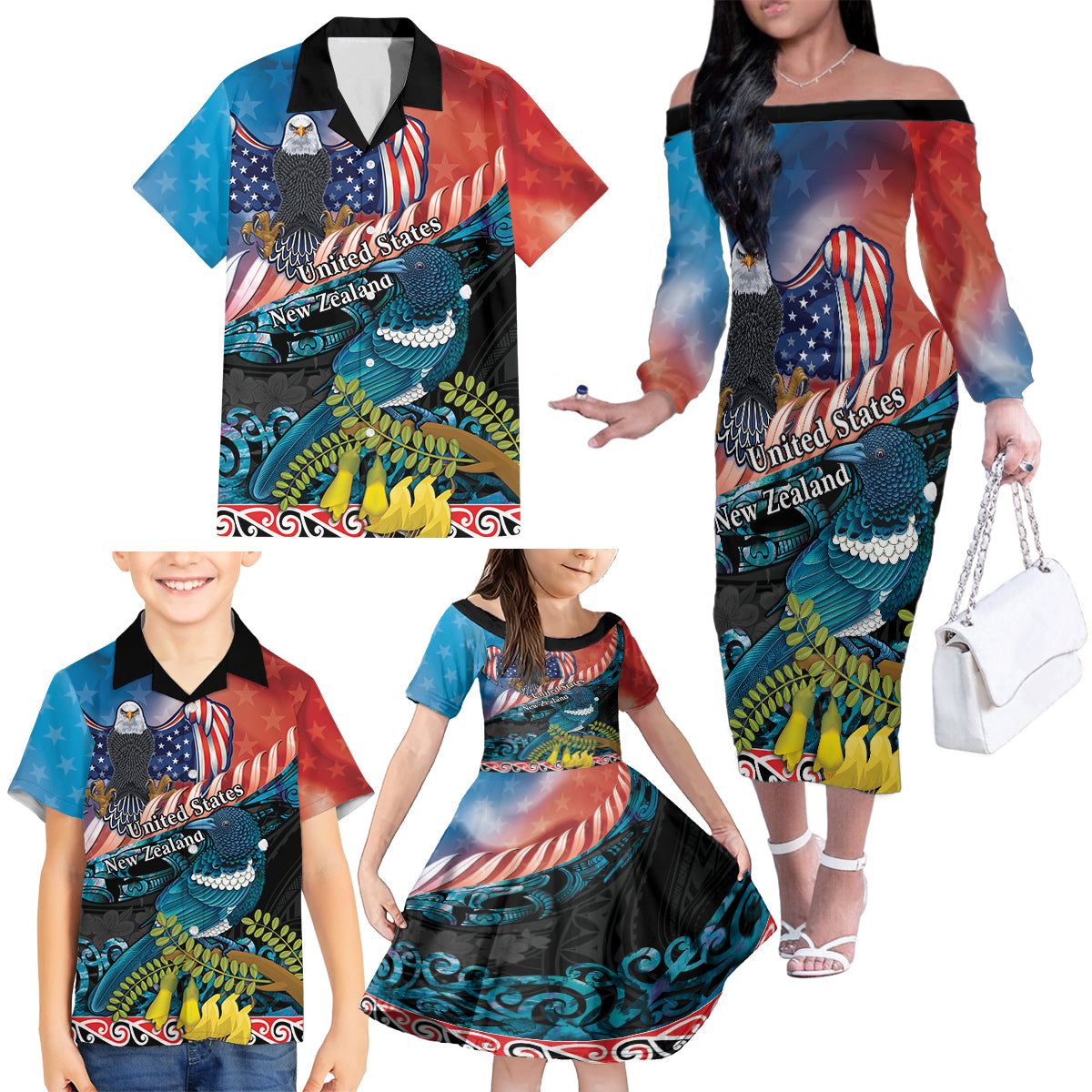 Personalised United States And New Zealand Family Matching Off The Shoulder Long Sleeve Dress and Hawaiian Shirt USA Eagle With Kowhai Aotearoa Tui Bird LT14 - Polynesian Pride