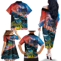 Personalised United States And New Zealand Family Matching Off The Shoulder Long Sleeve Dress and Hawaiian Shirt USA Eagle With Kowhai Aotearoa Tui Bird LT14 - Polynesian Pride