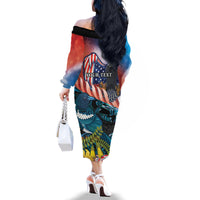 Personalised United States And New Zealand Family Matching Off The Shoulder Long Sleeve Dress and Hawaiian Shirt USA Eagle With Kowhai Aotearoa Tui Bird LT14 - Polynesian Pride