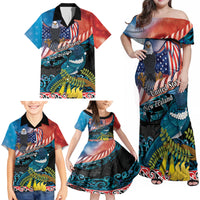 Personalised United States And New Zealand Family Matching Off Shoulder Maxi Dress and Hawaiian Shirt USA Eagle With Kowhai Aotearoa Tui Bird LT14 - Polynesian Pride