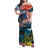 Personalised United States And New Zealand Family Matching Off Shoulder Maxi Dress and Hawaiian Shirt USA Eagle With Kowhai Aotearoa Tui Bird LT14 Mom's Dress Blue - Polynesian Pride
