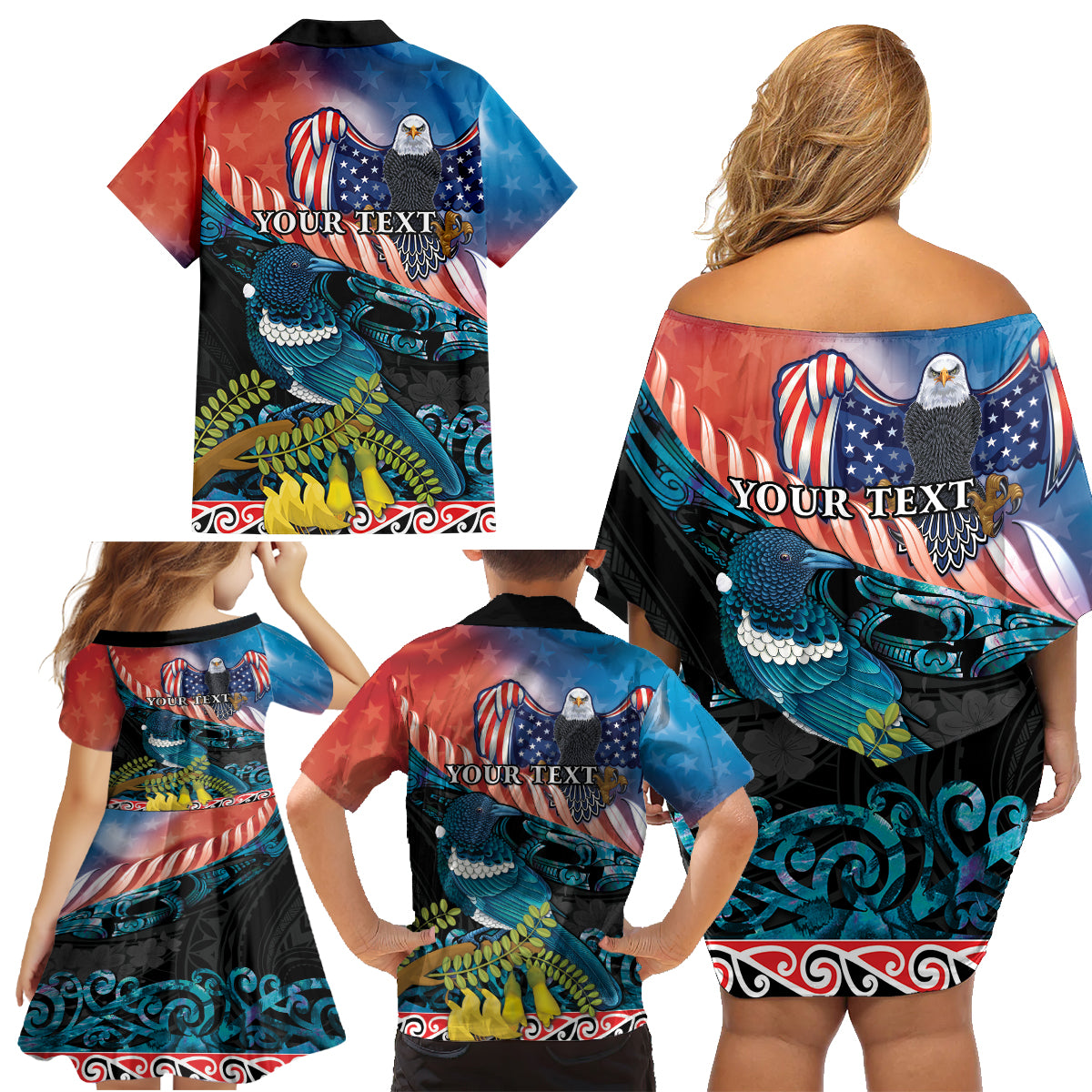 Personalised United States And New Zealand Family Matching Off Shoulder Short Dress and Hawaiian Shirt USA Eagle With Kowhai Aotearoa Tui Bird LT14 - Polynesian Pride