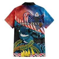 Personalised United States And New Zealand Family Matching Off Shoulder Short Dress and Hawaiian Shirt USA Eagle With Kowhai Aotearoa Tui Bird LT14 - Polynesian Pride