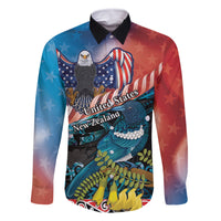Personalised United States And New Zealand Family Matching Off Shoulder Short Dress and Hawaiian Shirt USA Eagle With Kowhai Aotearoa Tui Bird LT14 Dad's Shirt - Long Sleeve Blue - Polynesian Pride