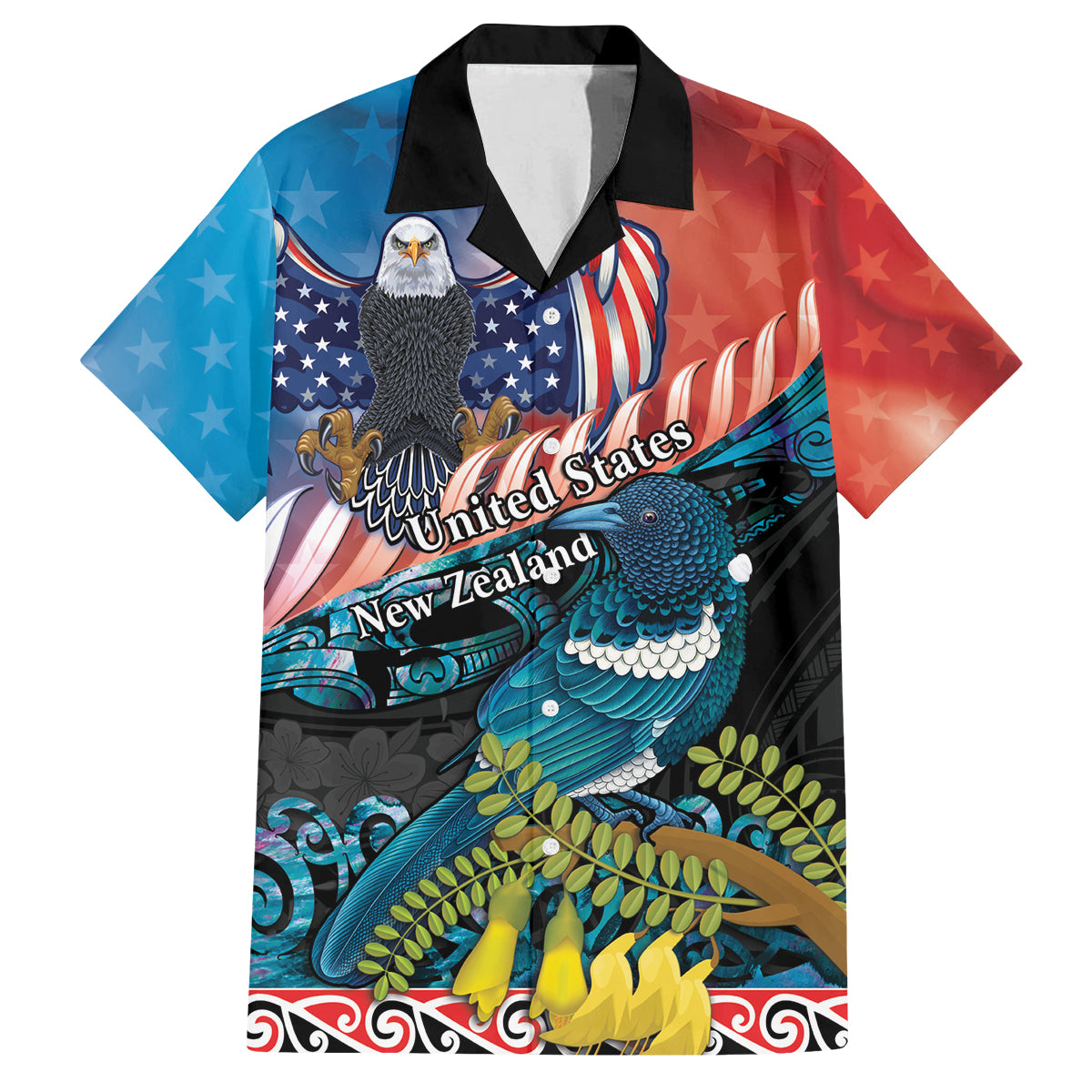 Personalised United States And New Zealand Family Matching Puletasi and Hawaiian Shirt USA Eagle With Kowhai Aotearoa Tui Bird LT14 Dad's Shirt - Short Sleeve Blue - Polynesian Pride