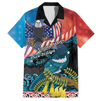 Personalised United States And New Zealand Family Matching Puletasi and Hawaiian Shirt USA Eagle With Kowhai Aotearoa Tui Bird LT14 Dad's Shirt - Short Sleeve Blue - Polynesian Pride